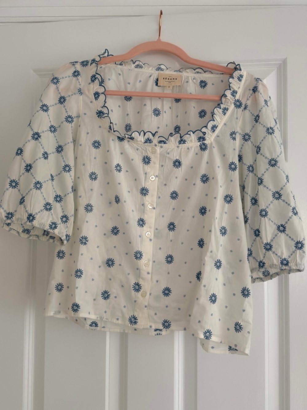 Sezane White Blouse with Blue Floral Embroidery